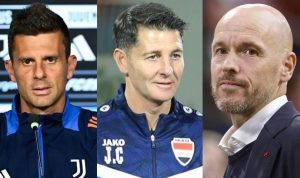Kolase tiga wajah pelatih: pelatih Juventus (kiri), pelatih Irak (tengah), dan Erik ten Hag (kanan), menunjukkan kandidat potensial.