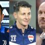 Kolase tiga wajah pelatih: pelatih Juventus (kiri), pelatih Irak (tengah), dan Erik ten Hag (kanan), menunjukkan kandidat potensial.