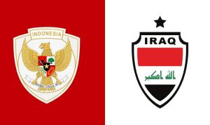 Logo Garuda Pancasila tim nasional Indonesia di latar merah berhadapan dengan logo tim nasional Irak di latar putih, menggambarkan pertandingan sepak bola Irak Vs Indonesia.