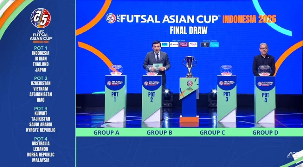 Tampilan layar Final Draw AFC Futsal Asian Cup Indonesia 2026, menunjukkan pembagian Pot 1 hingga Pot 4, dengan Indonesia berada di Pot 1 dan Korea Republic di Pot 4.