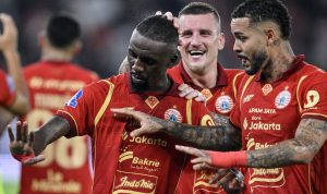 Selebrasi pemain Persija Jakarta dalam pertandingan Liga 1 Super League.