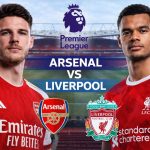 Poster pertandingan Premier League antara Arsenal vs Liverpool yang menampilkan Declan Rice dan Cody Gakpo dengan latar belakang Stadion Emirates.