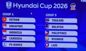 Grafis hasil undian grup Piala AFF 2026 atau Hyundai Cup 2026 yang menempatkan Timnas Indonesia di Grup A bersama Vietnam.