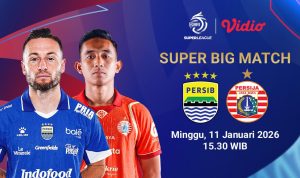 Poster jadwal pertandingan Super Big Match Persib vs Persija Liga 1 Minggu 11 Januari 2026.