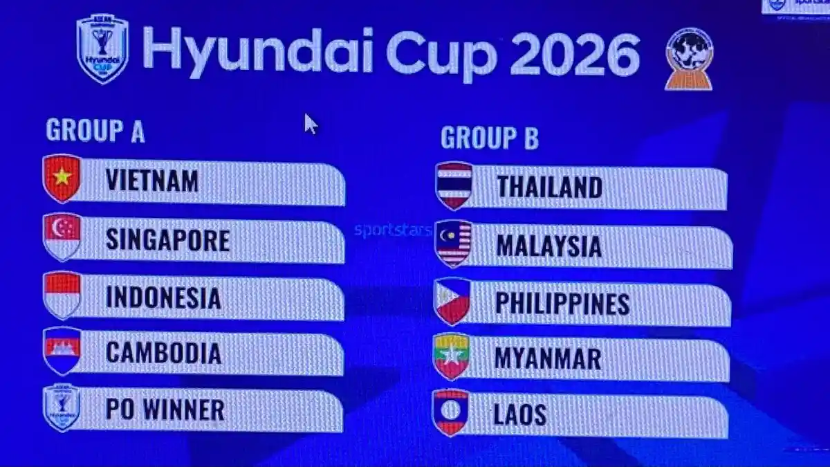Grafis hasil undian grup Piala AFF 2026 atau Hyundai Cup 2026 yang menempatkan Timnas Indonesia di Grup A bersama Vietnam.