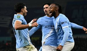 Selebrasi pemain Manchester City setelah mencetak gol ke gawang Newcastle United di semifinal Carabao Cup.