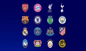 Logo klub peserta 16 Besar Liga Champions seperti Arsenal, Bayern Munchen, Barcelona, Real Madrid, Manchester City, PSG, dan klub top Eropa lainnya pada babak 16 Besar Liga Champions.