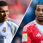 Kylian Mbappé dari Real Madrid dan Michael Olise dari Bayern Munchen dalam kolase foto untuk promosi Perempat Final Liga Champions.