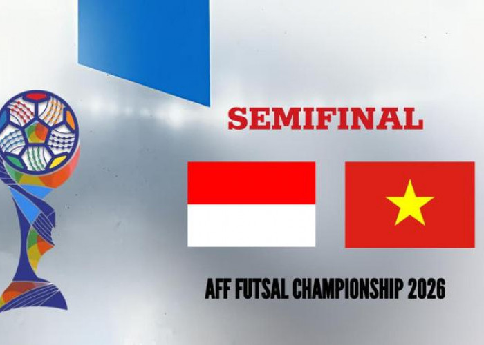 Poster jadwal pertandingan semifinal AFF Futsal 2026 antara Timnas Indonesia vs Vietnam dengan latar belakang piala resmi dan bendera kedua negara.