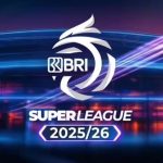 Logo resmi BRI Super League musim 2025/26 dengan latar belakang stadion megah bernuansa neon biru dan ungu.
