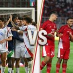 Kolase foto perbandingan pemain Timnas Italia dengan jersey putih dan pemain Timnas Indonesia dengan jersey merah untuk laga FIFA Matchday Juni 2026.