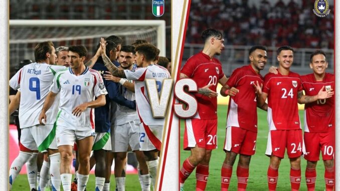 Kolase foto perbandingan pemain Timnas Italia dengan jersey putih dan pemain Timnas Indonesia dengan jersey merah untuk laga FIFA Matchday Juni 2026.