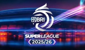Logo resmi BRI Super League musim 2025/26 dengan latar belakang stadion megah bernuansa neon biru dan ungu.