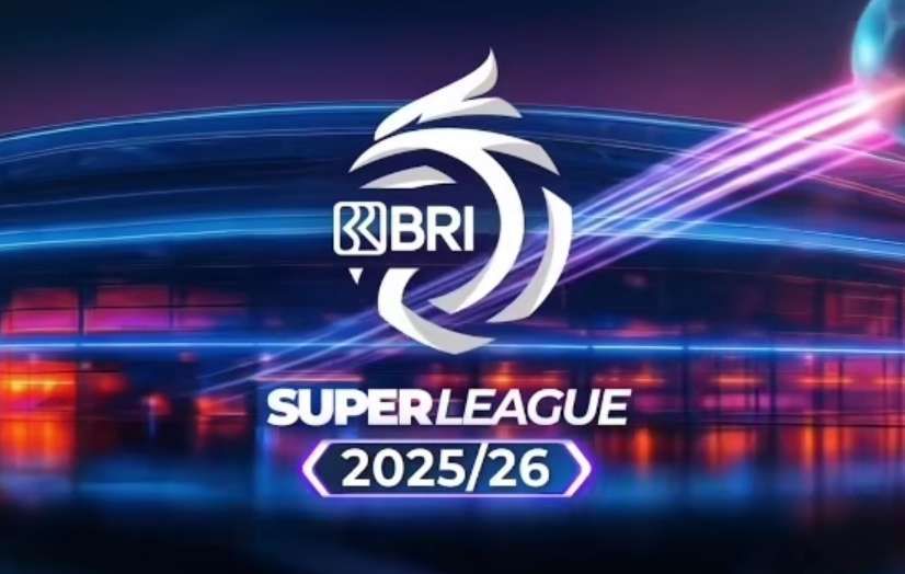Logo resmi BRI Super League musim 2025/26 dengan latar belakang stadion megah bernuansa neon biru dan ungu.