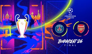 Poster resmi UEFA Champions League Budapest 26 Final mempertemukan Paris Saint-Germain dan Arsenal FC lengkap dengan trofi si Kuping Besar.