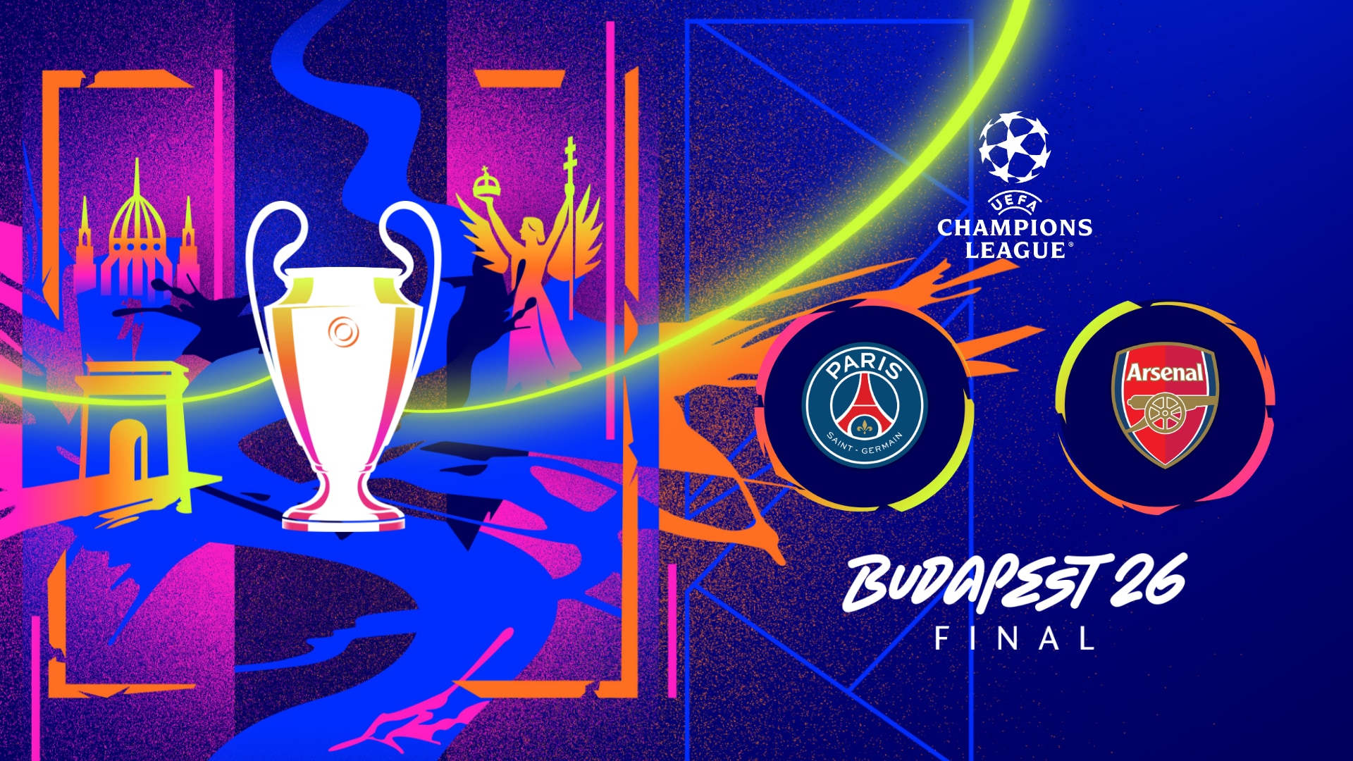 Poster resmi UEFA Champions League Budapest 26 Final mempertemukan Paris Saint-Germain dan Arsenal FC lengkap dengan trofi si Kuping Besar.