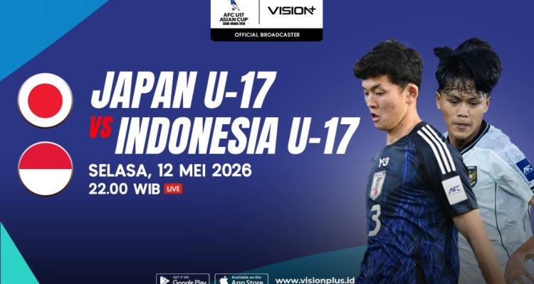 Poster jadwal pertandingan AFC U-17 Asian Cup antara Jepang U-17 Vs Timnas Indonesia U-17 pada Selasa 12 Mei 2026.