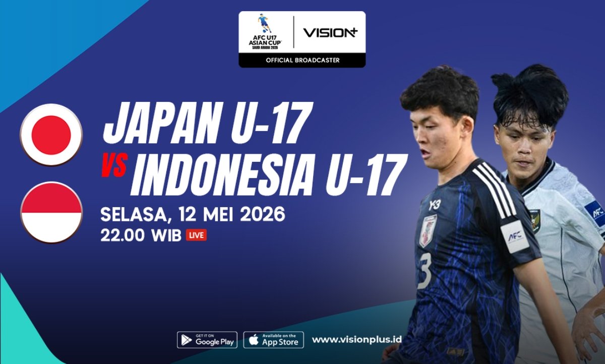 Poster jadwal pertandingan AFC U-17 Asian Cup antara Jepang U-17 Vs Timnas Indonesia U-17 pada Selasa 12 Mei 2026.