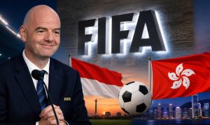 Presiden FIFA Gianni Infantino dengan latar belakang logo FIFA, bendera Indonesia, dan bendera Hong Kong terkait pengumuman format baru FIFA ASEAN Cup 2026.