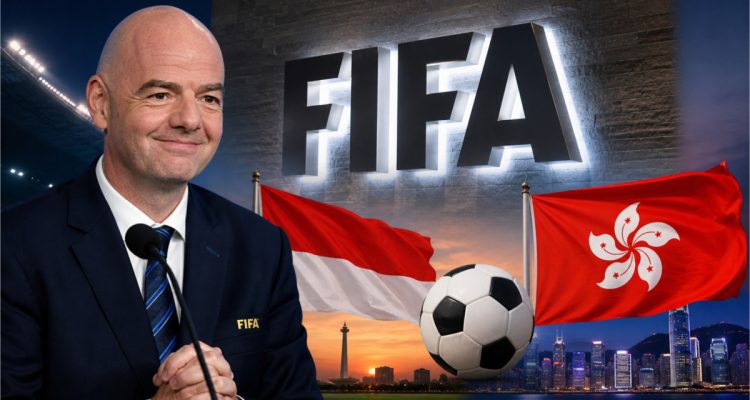 Presiden FIFA Gianni Infantino dengan latar belakang logo FIFA, bendera Indonesia, dan bendera Hong Kong terkait pengumuman format baru FIFA ASEAN Cup 2026.