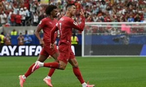 Cristiano Ronaldo melakukan selebrasi setelah mencetak gol untuk timnas Portugal melawan Uzbekistan
