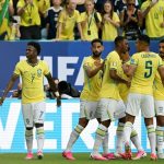 Pemain Timnas Brasil termasuk Vini Jr dan Casemiro merayakan gol ke gawang Skotlandia