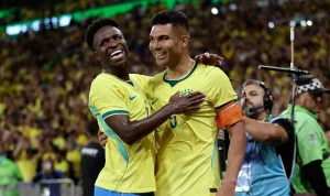 prediksi-skor-brasil-vs-maroko-piala-dunia-2026.webp Selebrasi para pemain Timnas Brasil. Tim Samba siap menghadapi Maroko dalam duel panas Grup C Piala Dunia pada 14 Juni 2026.