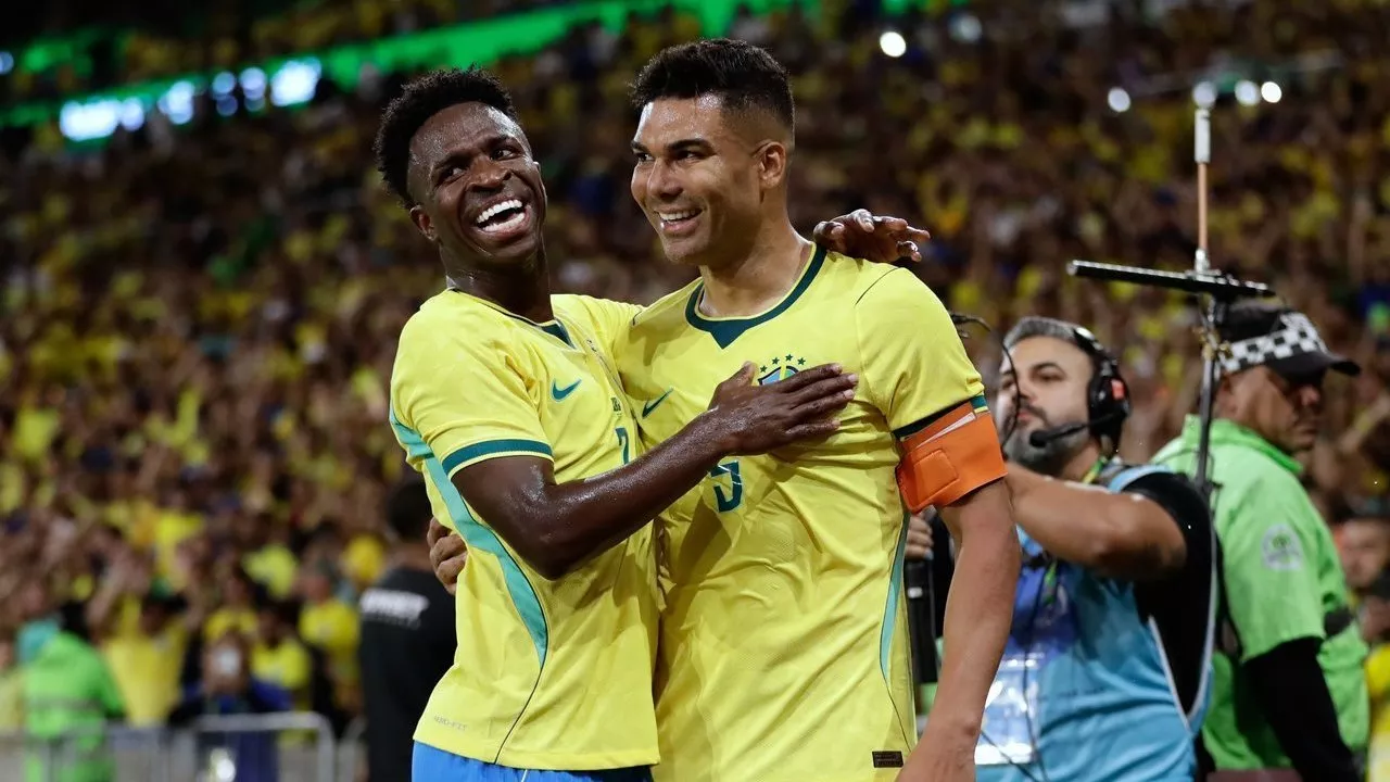 Selebrasi para pemain Timnas Brasil. Tim Samba siap menghadapi Maroko dalam duel panas Grup C Piala Dunia pada 14 Juni 2026.