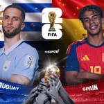 Poster resmi pertandingan Uruguay vs Spanyol di Piala Dunia 2026 yang menampilkan Rodrigo Bentancur dan Lamine Yamal dengan latar belakang bendera negara.