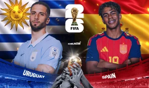 Poster resmi pertandingan Uruguay vs Spanyol di Piala Dunia 2026 yang menampilkan Rodrigo Bentancur dan Lamine Yamal dengan latar belakang bendera negara.