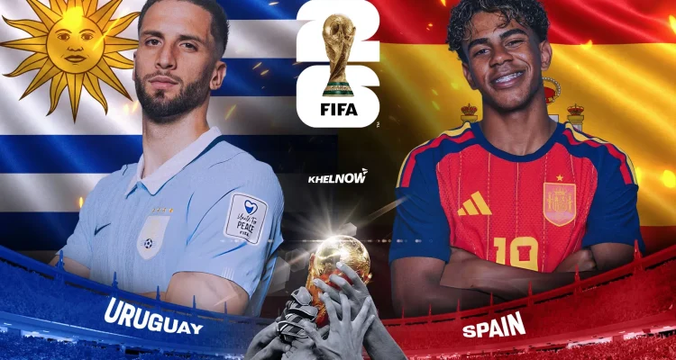 Poster resmi pertandingan Uruguay vs Spanyol di Piala Dunia 2026 yang menampilkan Rodrigo Bentancur dan Lamine Yamal dengan latar belakang bendera negara.