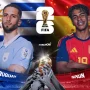 Poster resmi pertandingan Uruguay vs Spanyol di Piala Dunia 2026 yang menampilkan Rodrigo Bentancur dan Lamine Yamal dengan latar belakang bendera negara.