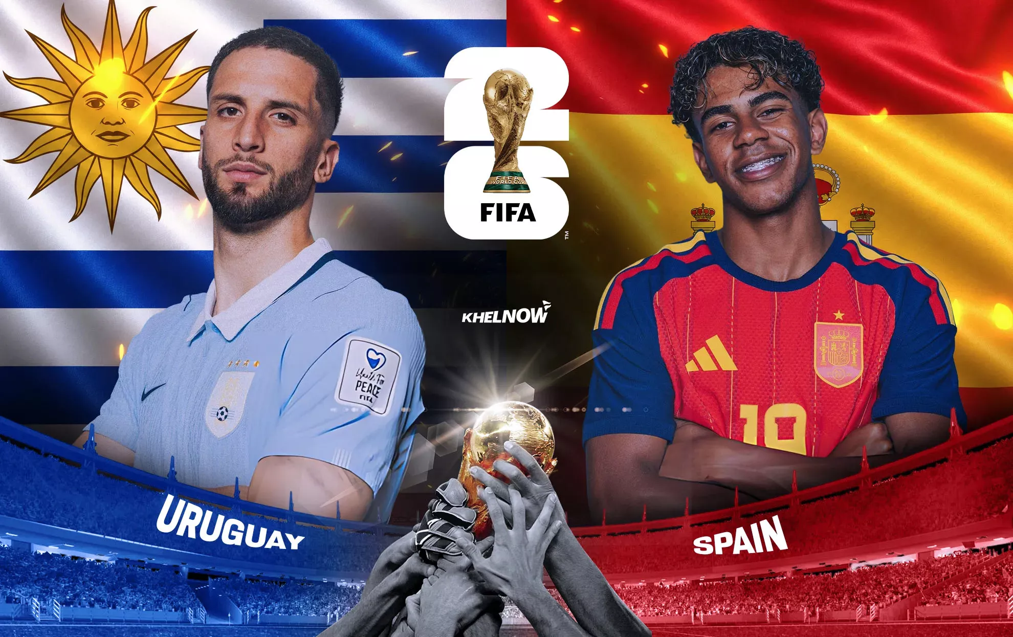 Poster resmi pertandingan Uruguay vs Spanyol di Piala Dunia 2026 yang menampilkan Rodrigo Bentancur dan Lamine Yamal dengan latar belakang bendera negara.