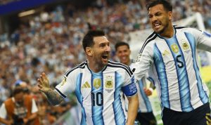 Ekspresi kegembiraan Lionel Messi setelah berhasil memecahkan rekor mencetak 20 gol sepanjang sejarah Piala Dunia.