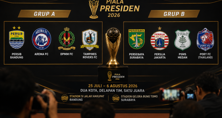 jadwal-piala-presiden-2026-pembagian-grup.webp Bagian pembagian grup dan piala turnamen Piala Presiden 2026 yang berlangsung 25 Juli - 6 Agustus 2026.