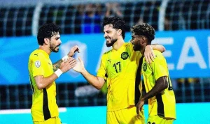Para pemain Timnas Malaysia merayakan gol saat mengalahkan Laos 4-0 di Piala AFF 2026