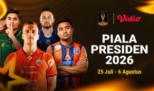 Poster resmi Piala Presiden 2026 menampilkan empat pemain sepak bola dan detail tanggal acara: 25 Juli - 6 Agustus.