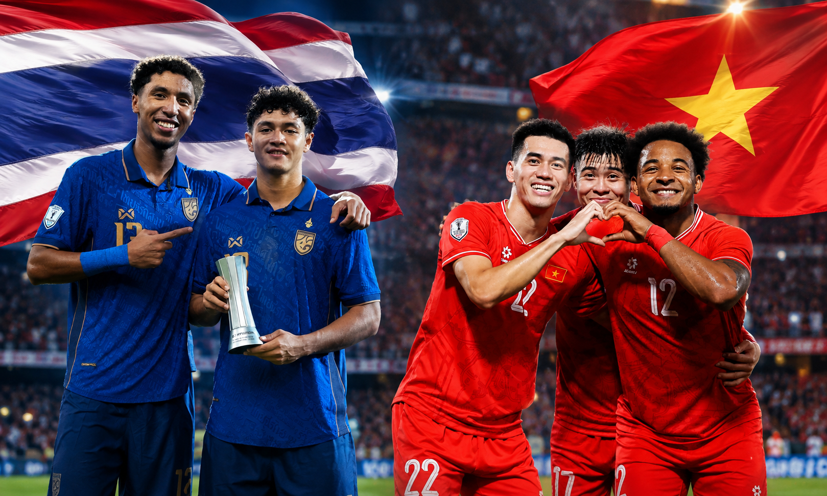 Poster laga Thailand vs Vietnam jelang pertandingan sengit di babak Final AFF 2026.
