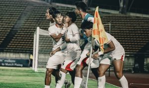 Selebrasi para pemain Timnas Indonesia U-20 usai mencetak gol ke gawang Laos yang mengunci kemenangan telak 3-0.
