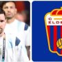 Lionel Messi berjersey timnas Argentina di sebelah logo resmi klub kasta kedua Spanyol CD Eldense