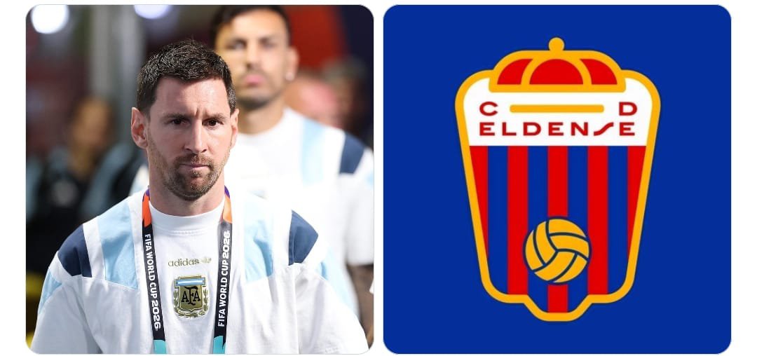 Lionel Messi berjersey timnas Argentina di sebelah logo resmi klub kasta kedua Spanyol CD Eldense