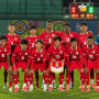 Skuad Timnas Indonesia U-15 berbaris sebelum menghadapi Prancis di laga internasional.